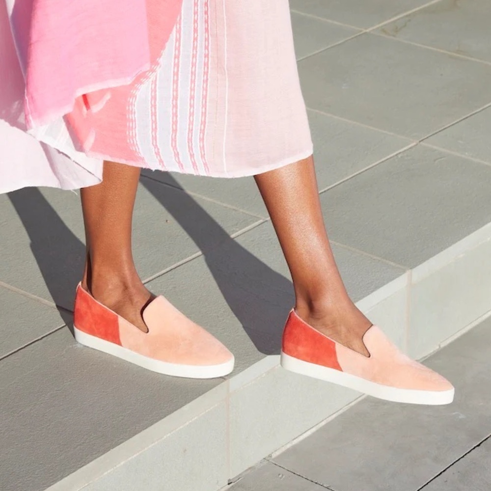BIRDIES SWIFT SUNRISE PINK CORAL SUEDE LEATHER COLORBLOCK SLIP ON DRESSY SNEAKER